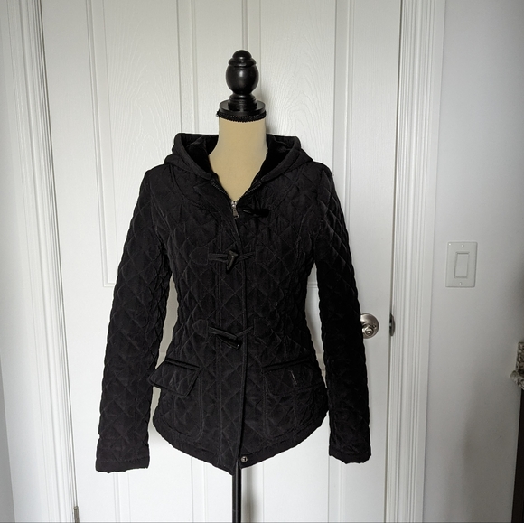 ESPRIT Quilted Belted Winter Jacket Size Small Black Hooded - Picture 8 of 8